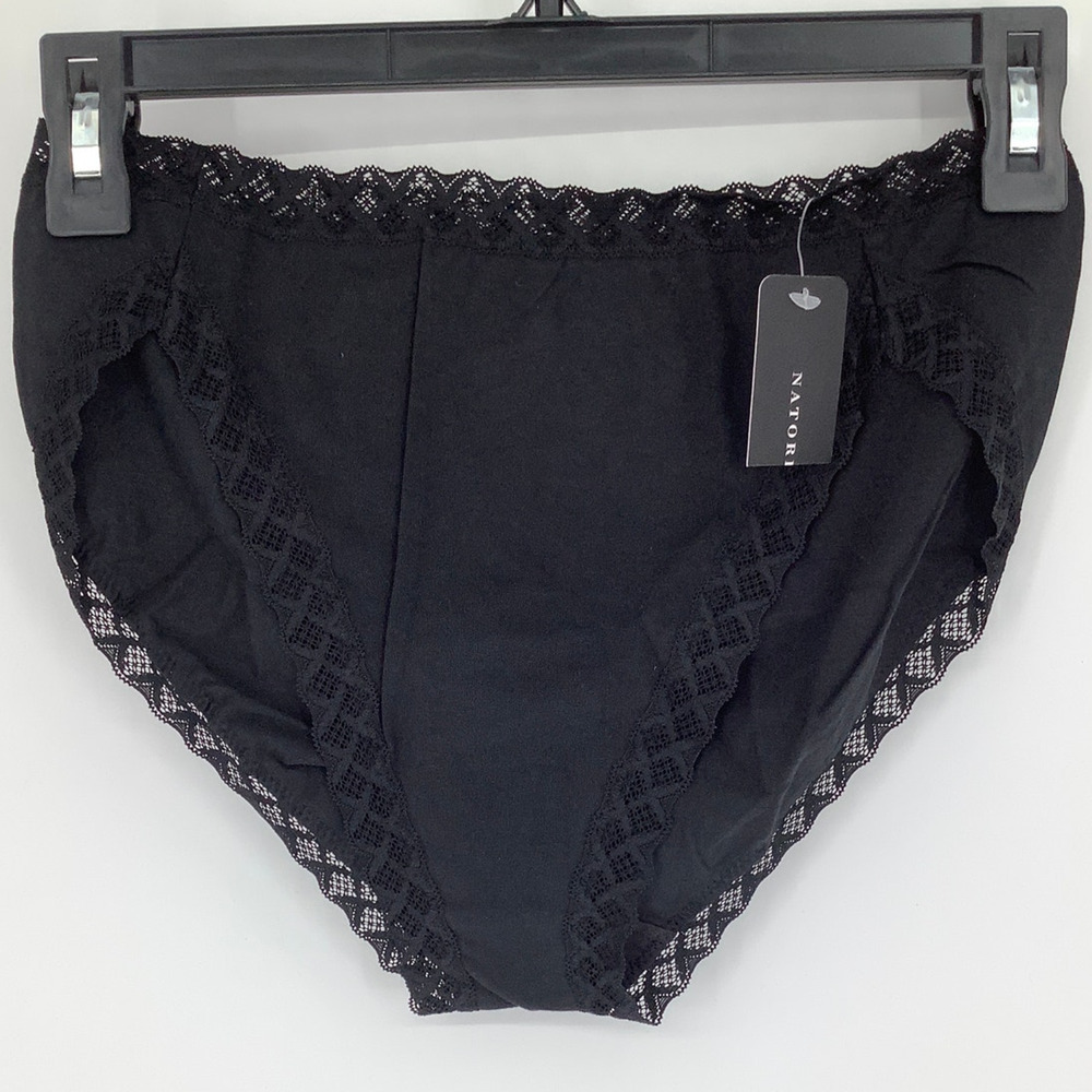 Natori Women's Large Black Bliss French Cut Lace Trim Pima Cotton Brief C25-2 - Picture 2 of 9